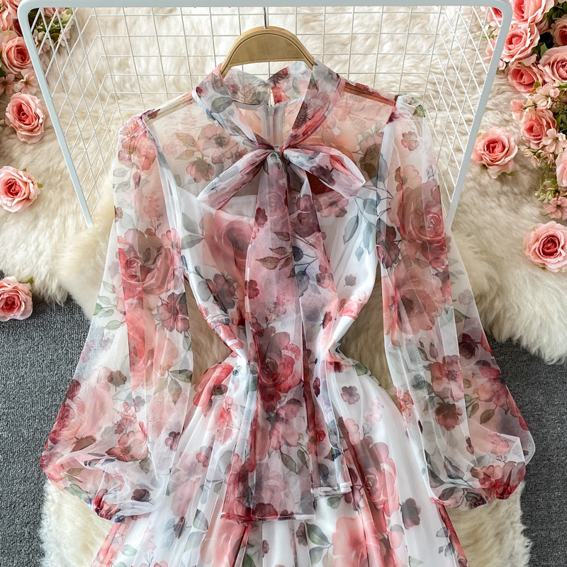 Gentle wind bow tie tie thin high waist Floral Chiffon Dress  3221