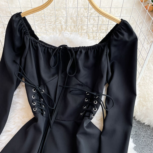 Super fairy long sleeve square neck waist slim dress  2843