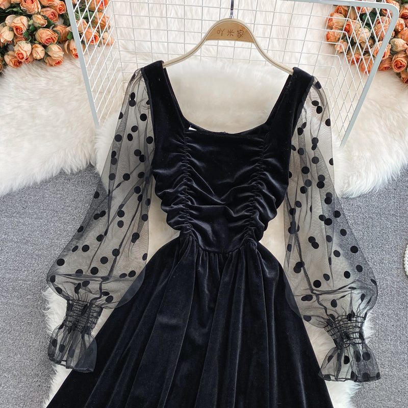 Celebrity temperament black square neck velvet dress  3366