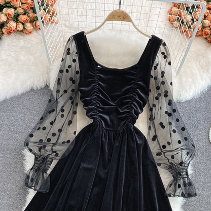 Celebrity temperament black square neck velvet dress  3366