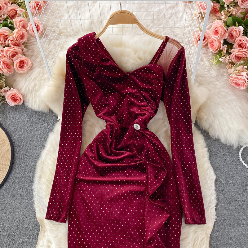 Temperament hot diamond velvet dress V-neck Ruffle tight Hip Wrap  3090