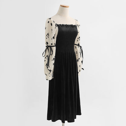 Floral dress long sleeves show thin temperament velvet skirt long skirt  2190