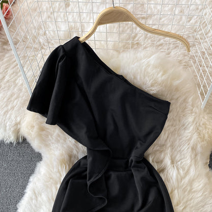 Sexy ruffled diagonal neckline backless dress  2974