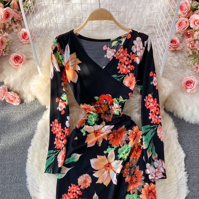 Temperament sexy split slim print V-neck wrap hip dress  2910