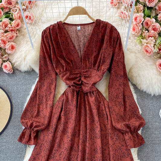 High waist slim V-neck bubble sleeve pleated Floral Dress  3363