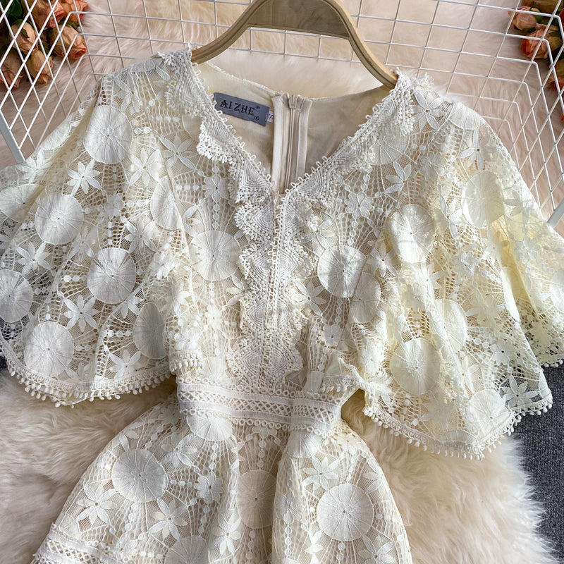 Hollow out embroidery hook flower waist closing slim lace dress  2987