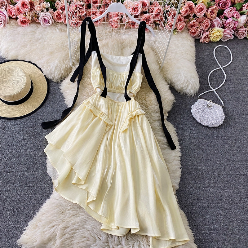 French Ruffle irregular slim strapless dress  3293
