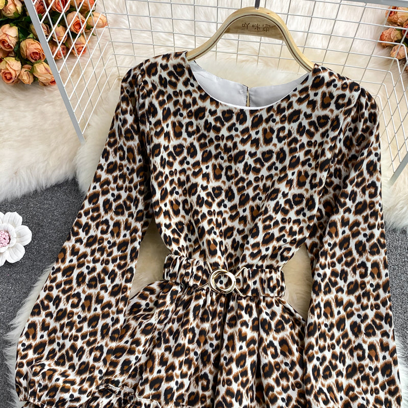 Ruffled round neck long sleeve Leopard Dress  3375