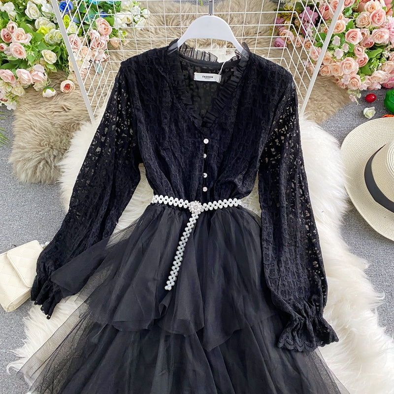 Mesh Ruffle lace patchwork cake skirt dress  3282