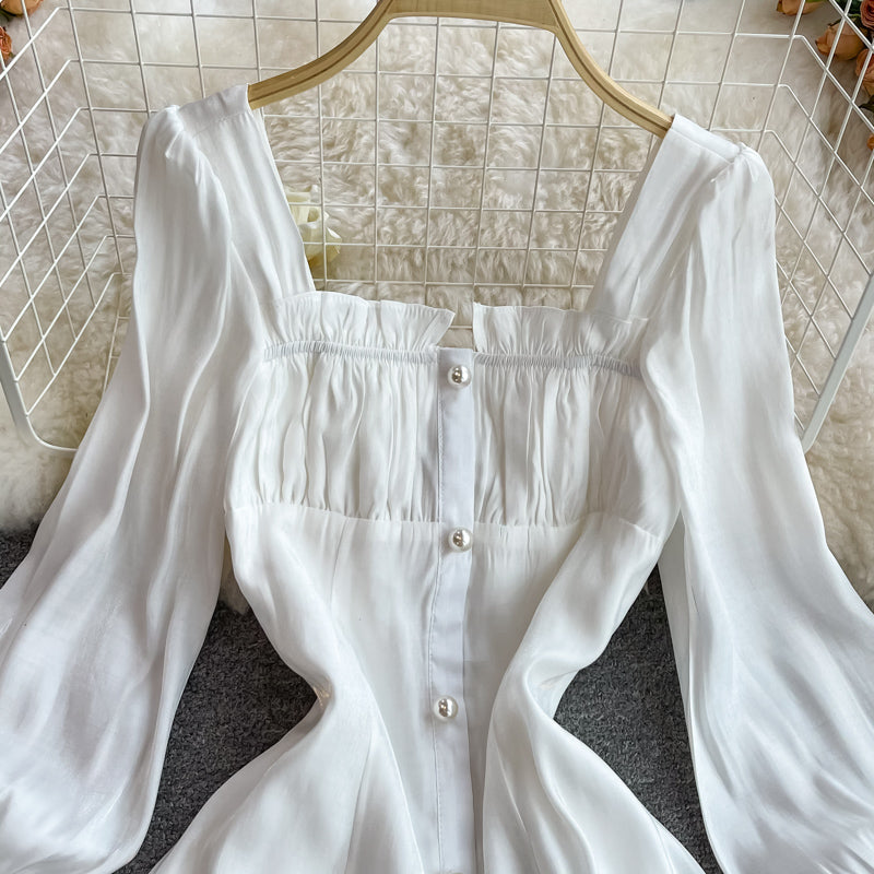 High waist slim foam sleeve square neck dress  3354
