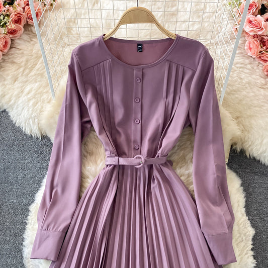 French celebrity temperament round neck Pleated Dress  3341