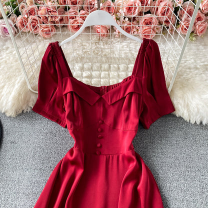 French waist closing slim bubble sleeve square neck dress  3168