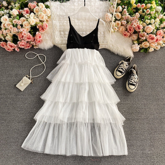 Cake puffy skirt super fairy V-neck suspender dress  2884