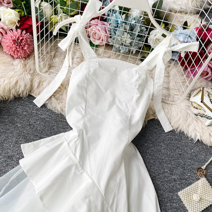 Suspender skirt white backless dress  2875