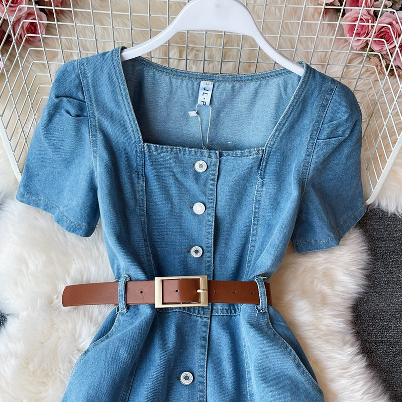 Light cooked wind square neck waist closing bubble sleeve denim dress  3193