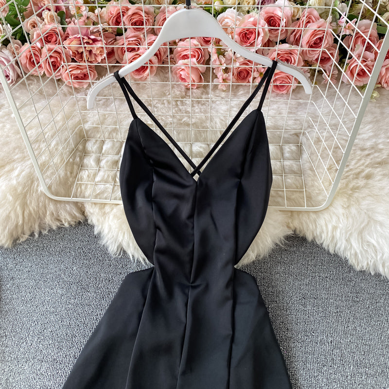 Open back sleeveless waist slim dress slim elegant suspender dress  3307