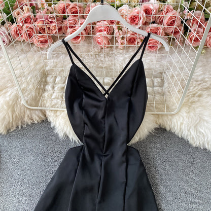 Open back sleeveless waist slim dress slim elegant suspender dress  3307
