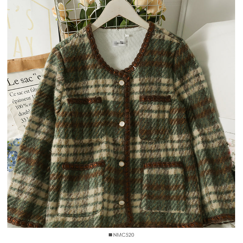 Hong Kong Style Vintage Plaid single breasted cardigan woolen jacket female  2124
