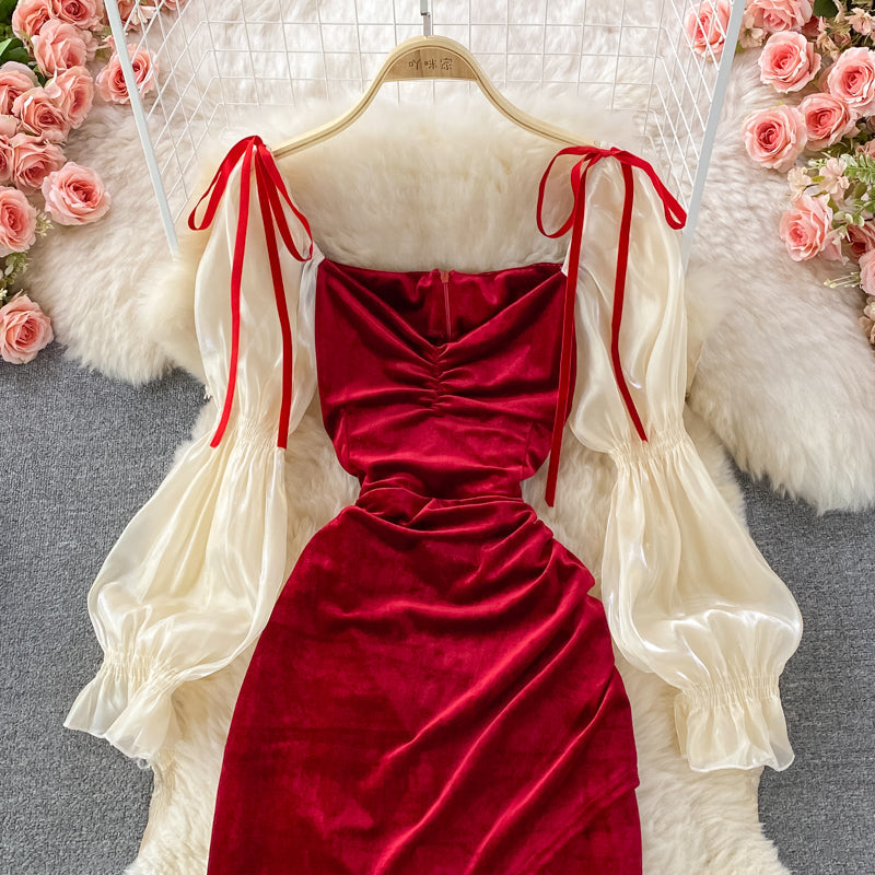 Sexy bubble sleeve temperament slim wrap hip dress  3264