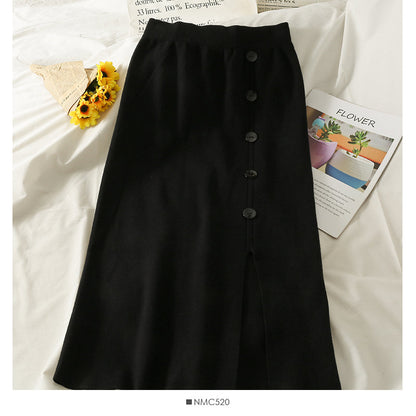 Korean retro breasted medium and long split Knit Skirt  2598