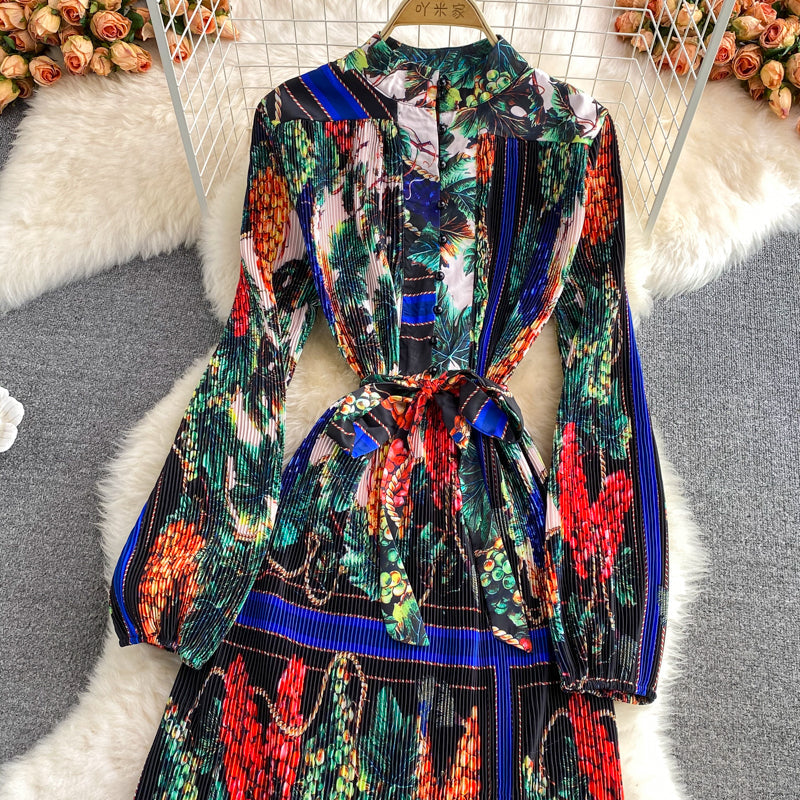 Temperament stand collar printed Pleated Dress  3362