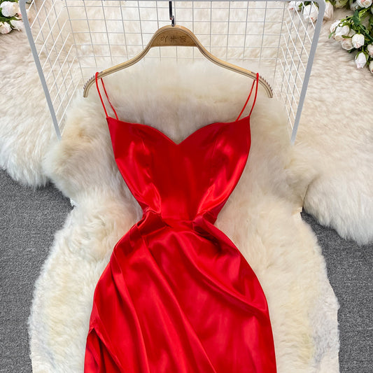 V-neck suspender dress fashion medium length split Hip Bag  3129