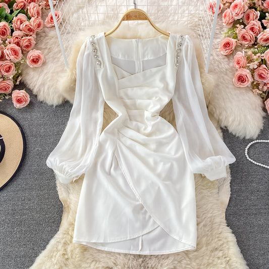 Korean French retro bubble sleeve temperament square neck dress  2844