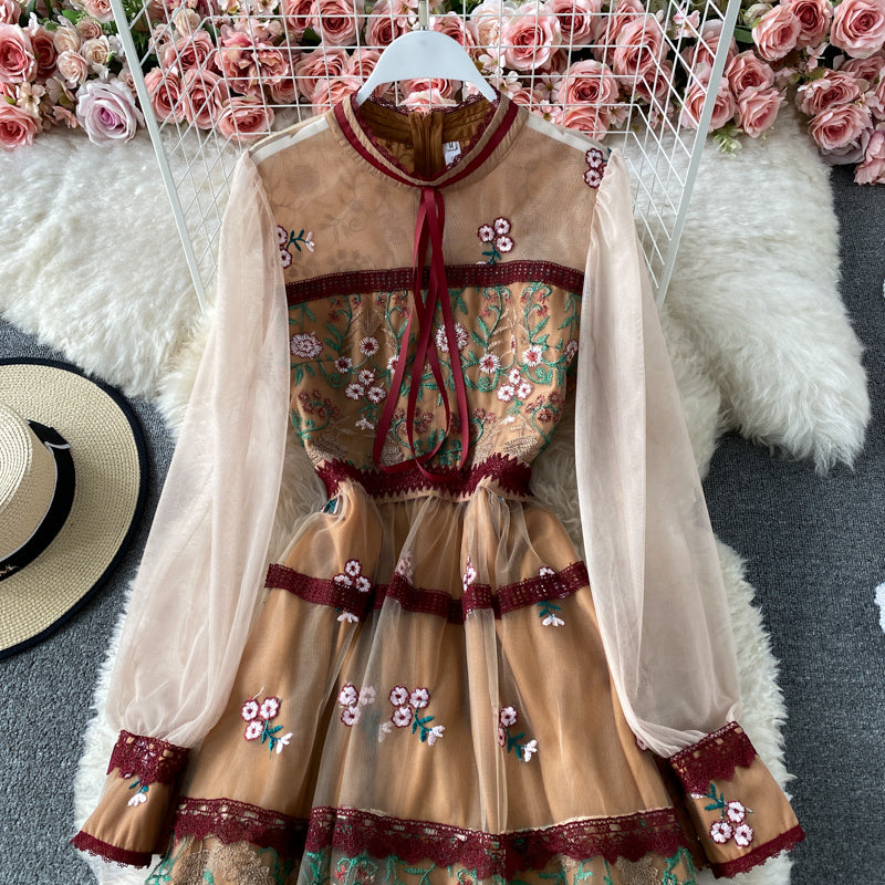 High end celebrity temperament lace mesh embroidery dress  3169