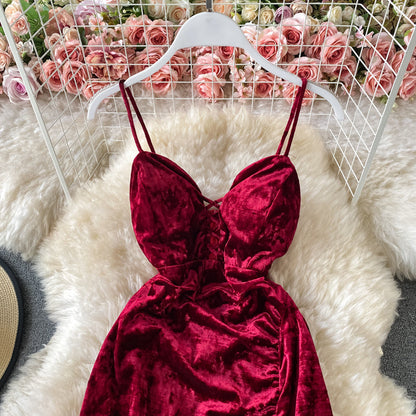 Velvet suspender split dress  3050