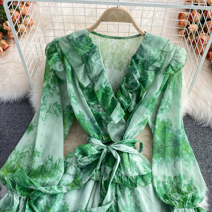 V-neck ruffled Floral Chiffon Dress  2854