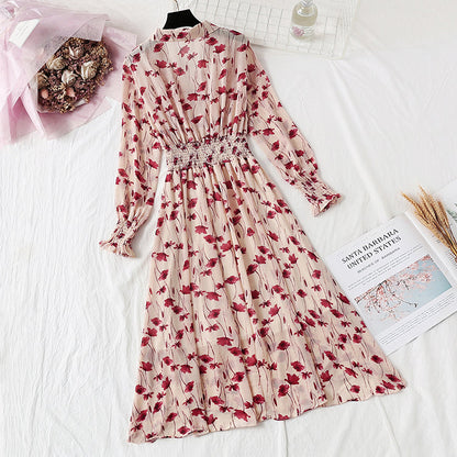 Suit collar French retro fairy super xiansen broken flower chiffon long skirt  2358