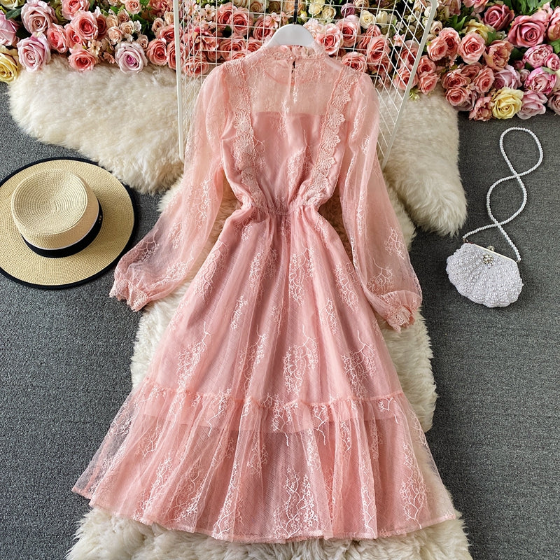 Lace round neck, sweet waist, slim A-line skirt, medium length skirt  3297