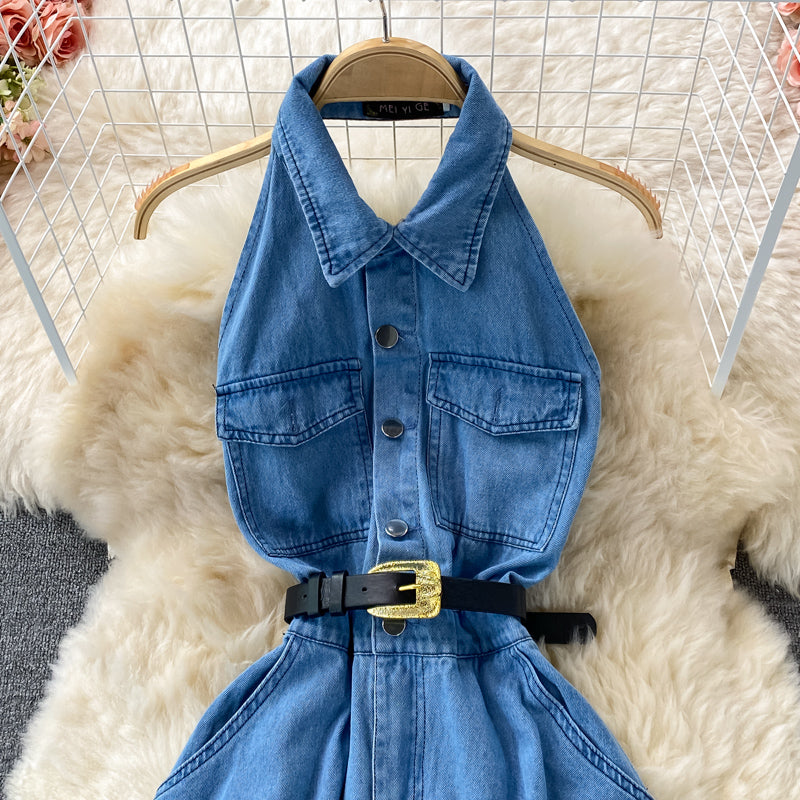 Sleeveless denim medium length open back Lapel dress  3213