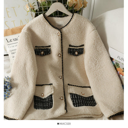 Seasonal bright silk trimmed lamb wool loose coat  2112