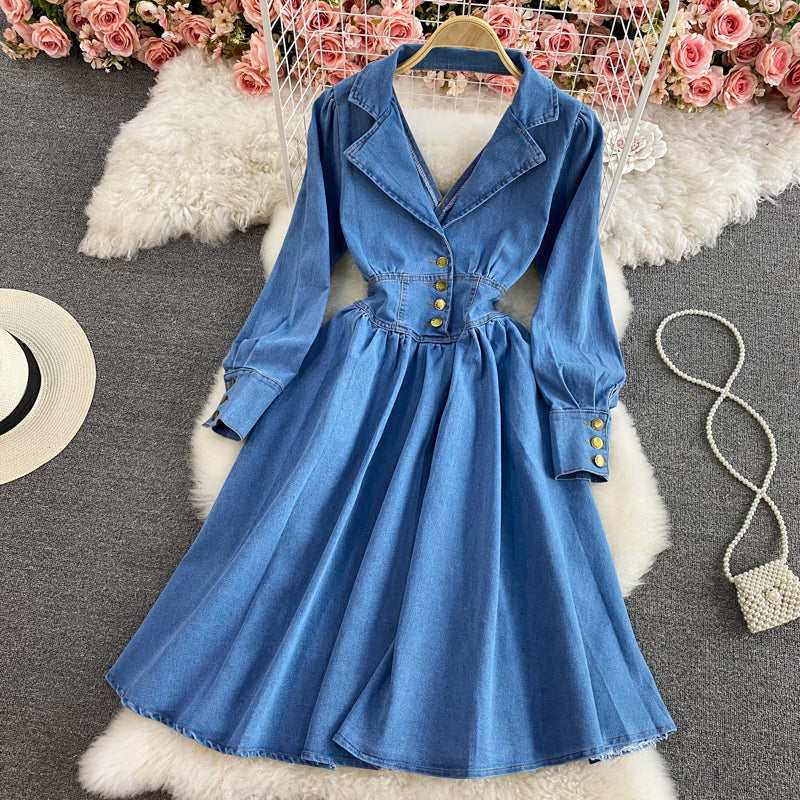 Temperament Lapel long sleeve backless denim dress  2960