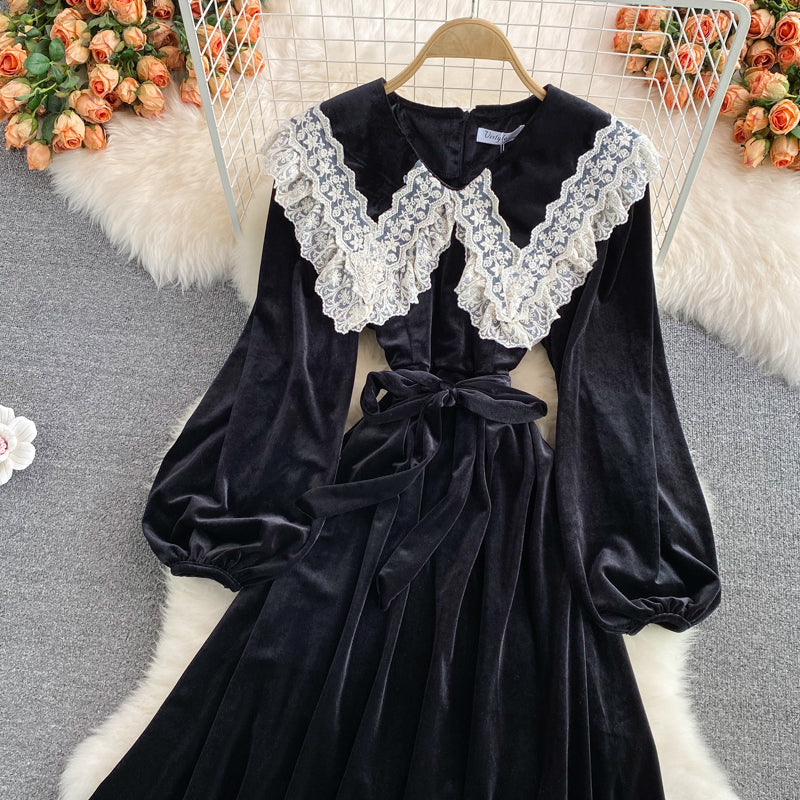 Doll neck velvet dress lace lapel  2861