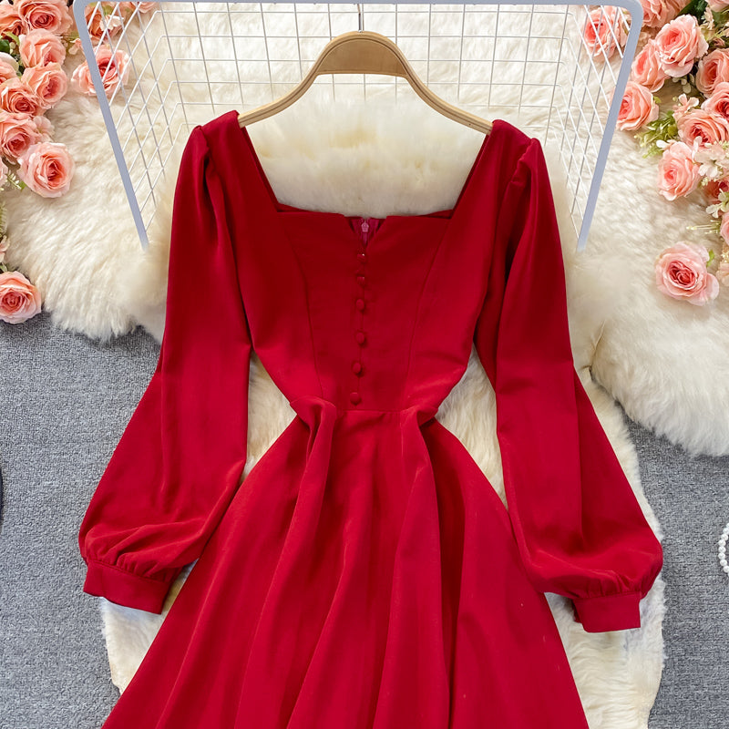 High waist Thin Red Square Neck Dress  3255