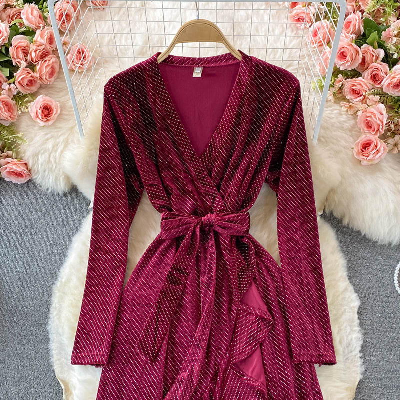 Hot diamond V-neck velvet dress fishtail long skirt  3107
