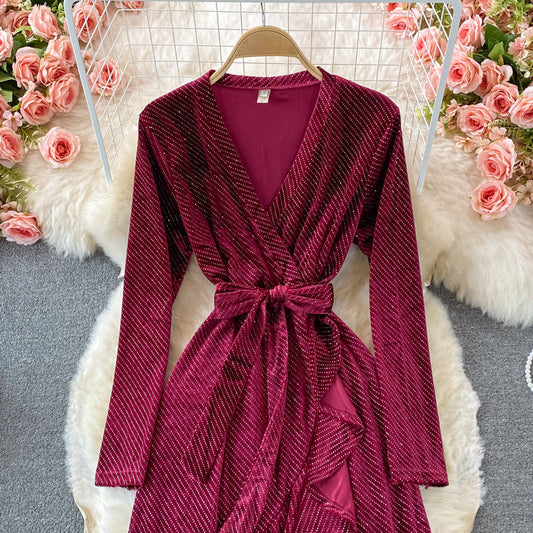 Hot diamond V-neck velvet dress fishtail long skirt  3107