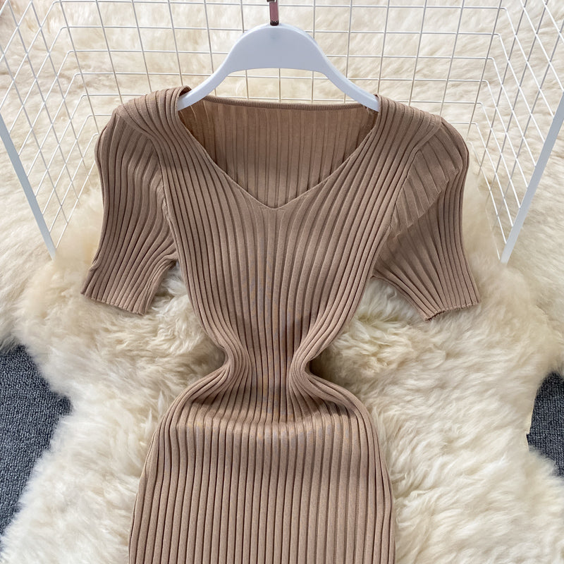 V-neck slim knit dress Hip Wrap  2973