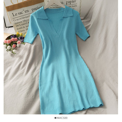 Simple and versatile solid color tight Lapel high waist wrap hip dress  2689