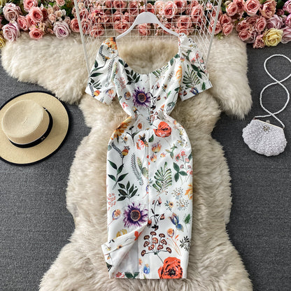 Square neck bubble sleeve slim print buttock dress  3161