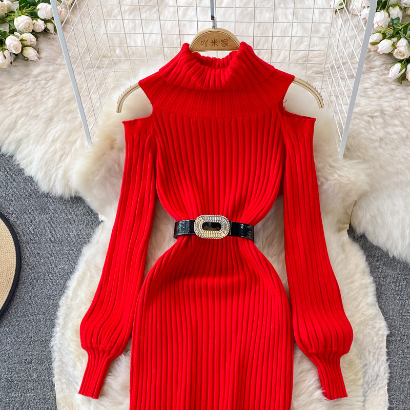 Fashion high neck off shoulder knitted dress  3383