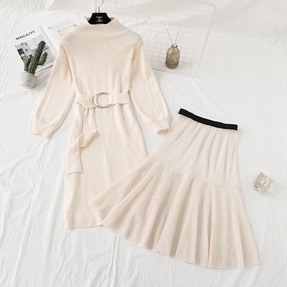 Knitted dress, women's French retro skirt, fashion suit, waist closing, thin temperament  2291