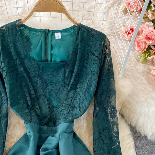 Lady temperament lace stitched Ruffle high waist dress  3096