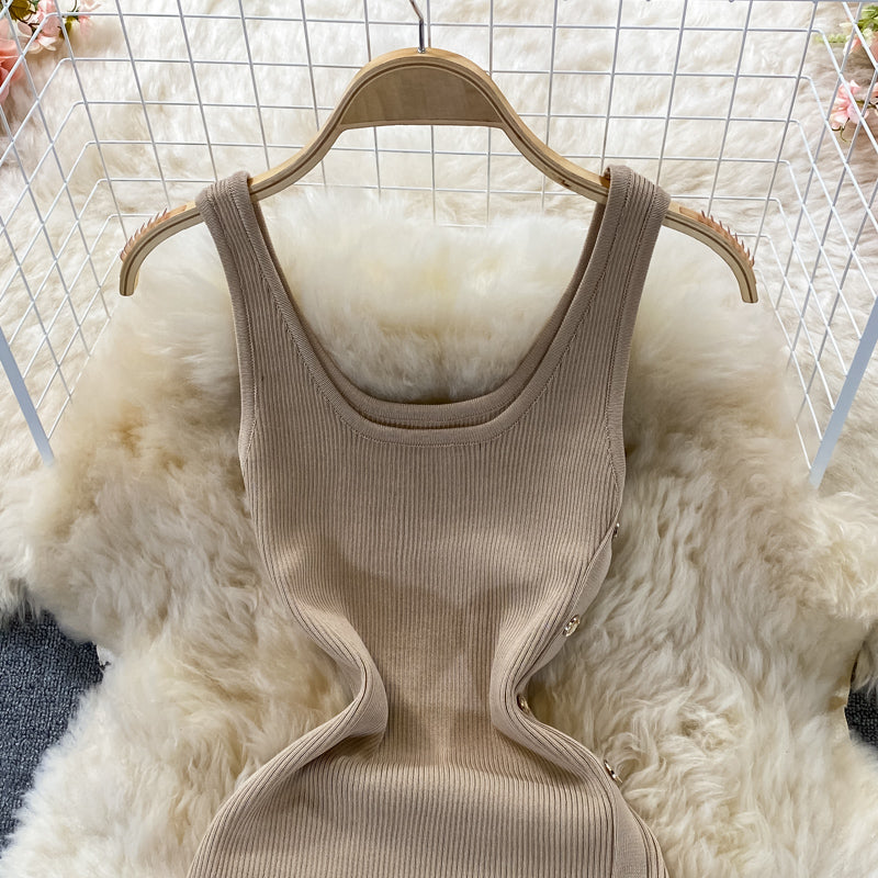 Narrow waist single breasted knitted suspender dress  2898