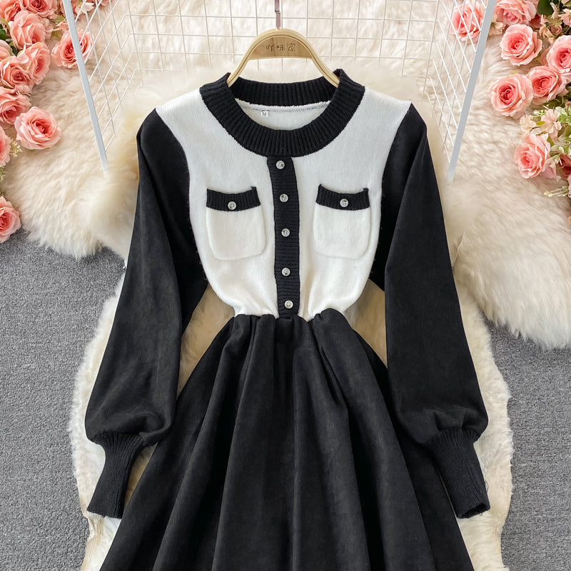 Waist crew neck knit stitched dress slim medium length A-line skirt  3118