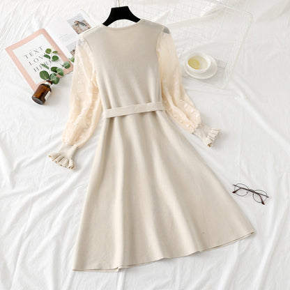 Bottomed skirt bubble sleeve lace stitching long sleeve knitted dress slim fit  2453