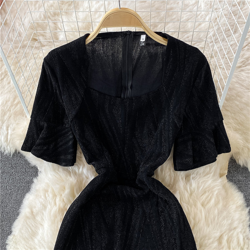 Temperament square collar bright silk slim fit split hip dress  3338