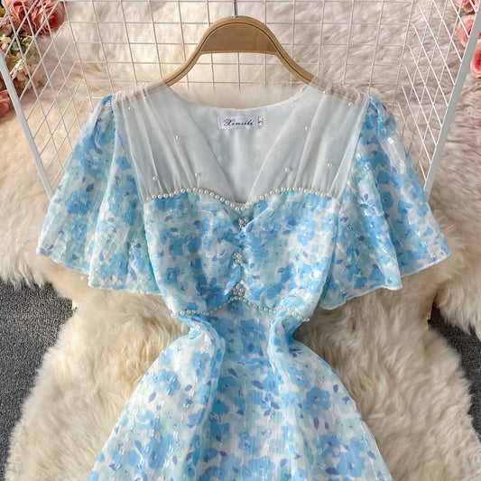 Mesh stitched V-neck Chiffon Blue Floral A-line dress  3219